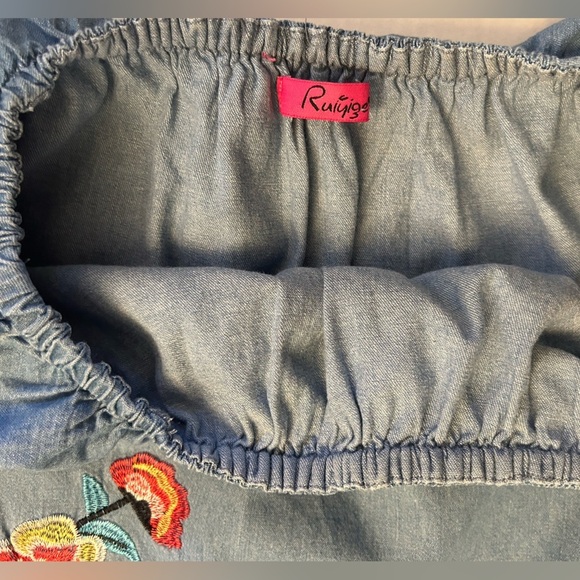 Denim chambray off the shoulder sundress Casual w/embroidered detail. Sz-S. AA16 - Picture 8 of 11